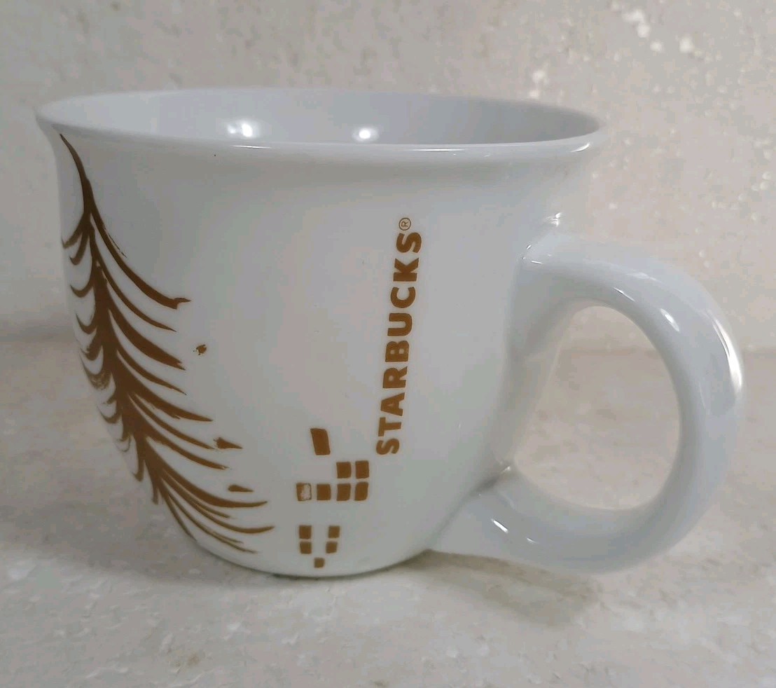 Starbucks White Gold Geometric Pine Tree Snowflakes Coffee Mug 14 oz