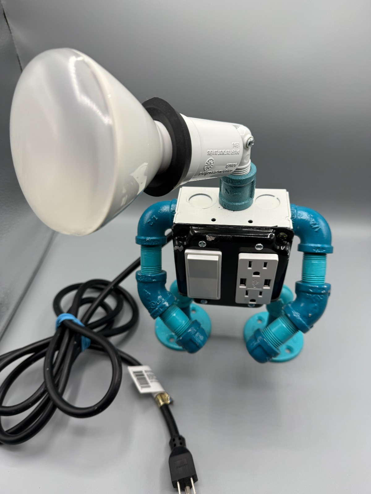 Repurposed Robot Table Lamp Outlet USB Steampunk Industrial Handmade Works Great