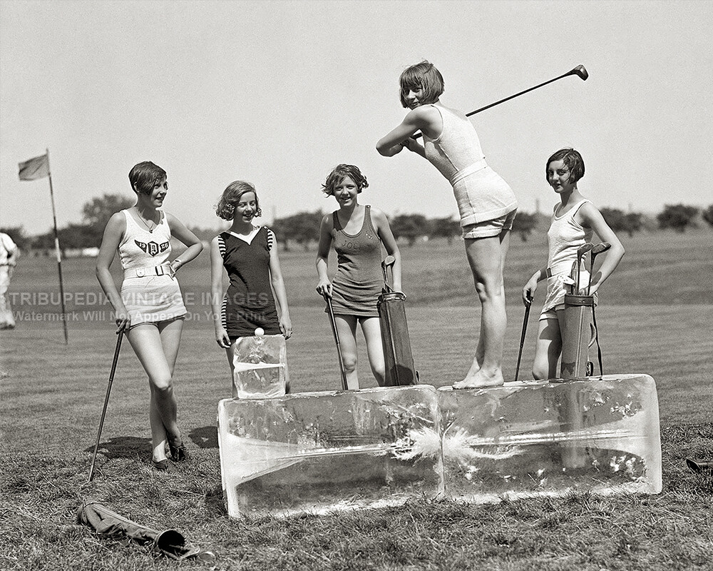 Women Playing Golf 8×10 Photo Print Teeing Off on Ice in Vintage 1920s Swimsuits