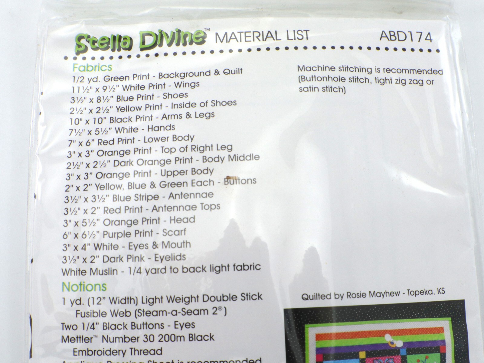Snugly Bugly Amy Bradly Designs STELLA DIVINE Block Three #ABD174 Sew Kit Quilt