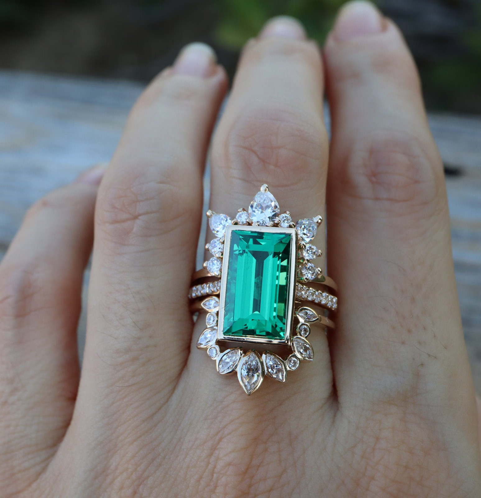 Rectangle Emerald & Diamond Halo Bridal 3 Rings Set-18K Yellow Gold Over Sizable
