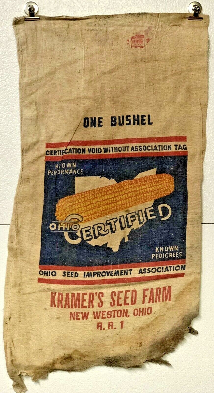 Vintage 1950’s Kramer’s Seed Farm Corn Cloth Bag Sack New Weston Ohio Certified