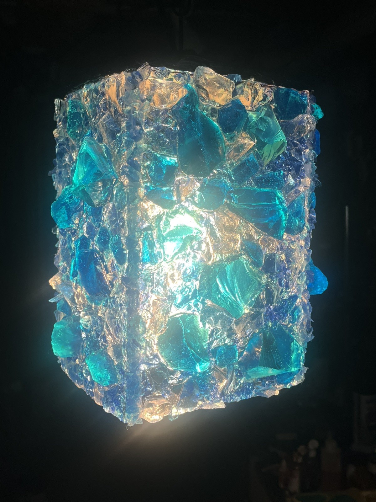 CHUNKY LUCITE ROCK CANDY LAMP Tiki Sea Glass Blue , turquoise and clear