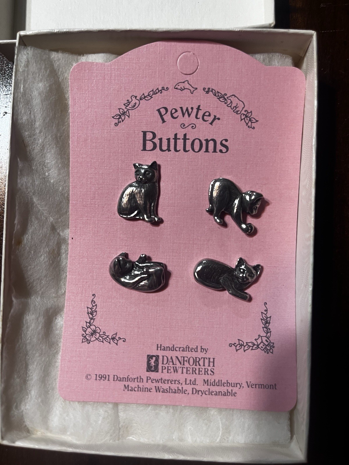 Vintage 1991 Danforth Pewter Cat Buttons Set Handcrafted Vermont Sewin Quiltin