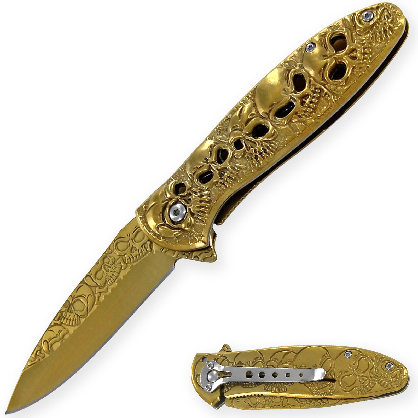 King of Underworld Skull Knife Spring Assisted Gold Pocket EDC Blade