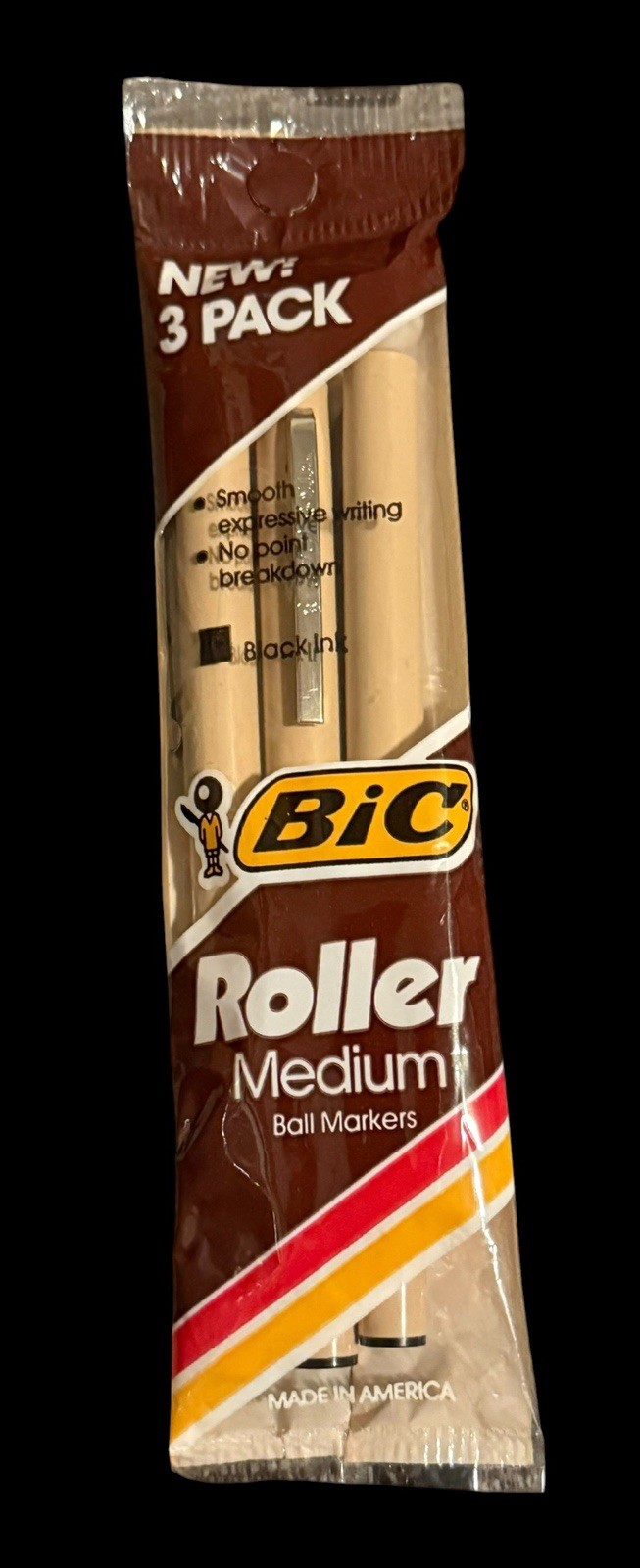 Vintage NOS Sealed BIC Roller Black Ink Pens Medium 1985 Markers New