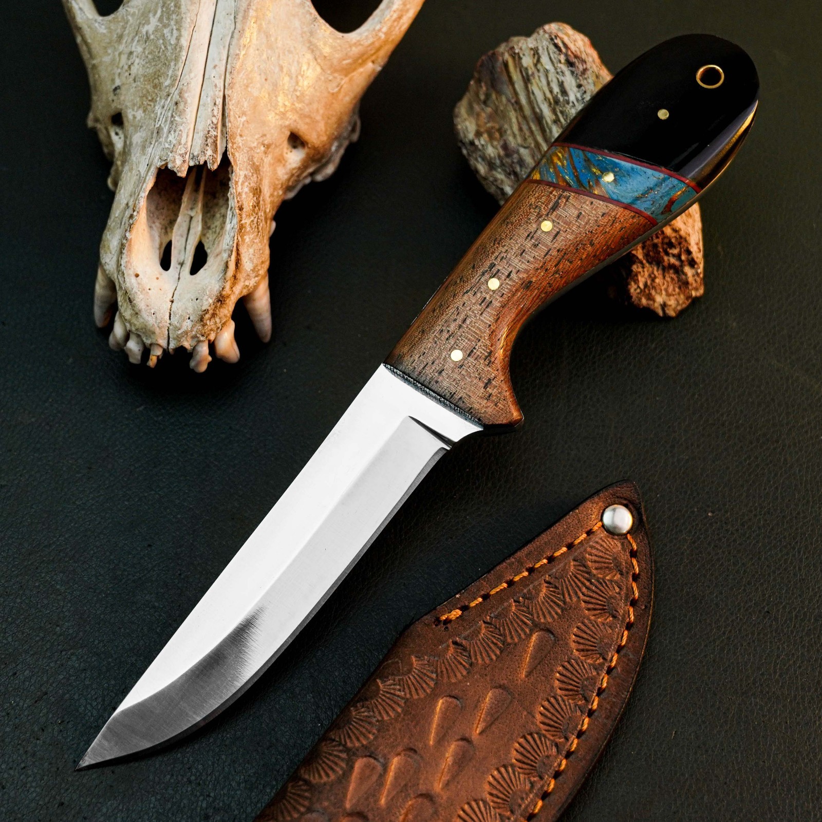 8.9″ D2 Skinning Hunting Knife Handmade Full Tang Hybrid Handle Leather Sheath