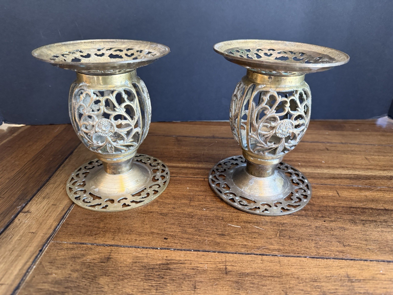 Vintage Brass Candle Holders Pair Reticulated Filigree Floral Taper Candlesticks