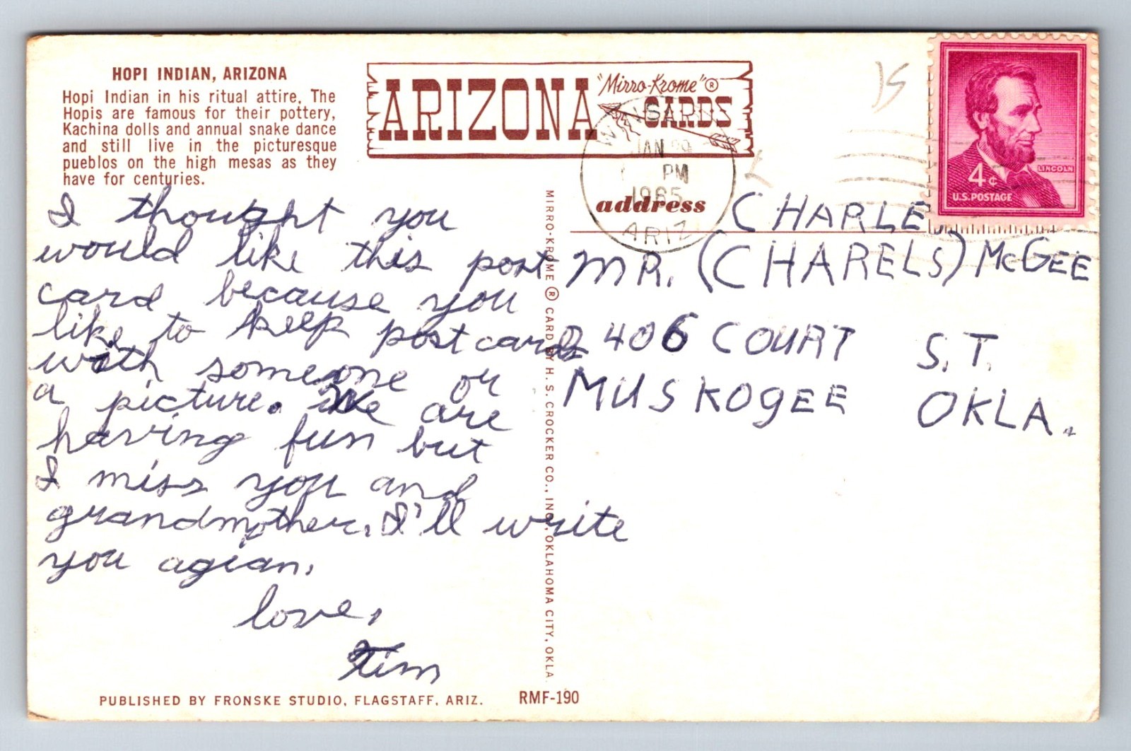 Postcard Arizona Hop Indian Ritual Attire Chrome 1965 O946
