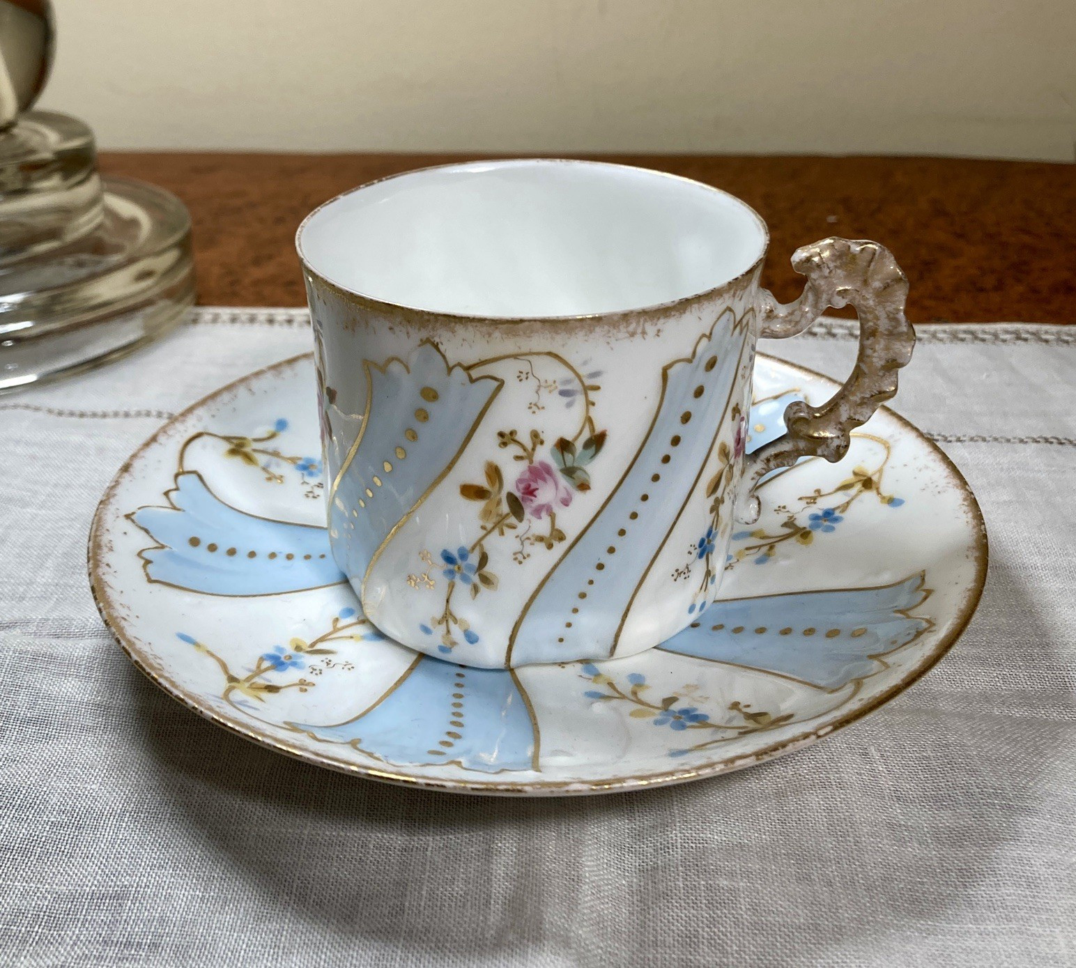Limoges Charles Ahrenfeldt Porcelain Cup & Saucer Blue Pinwheel Floral Gold Trim