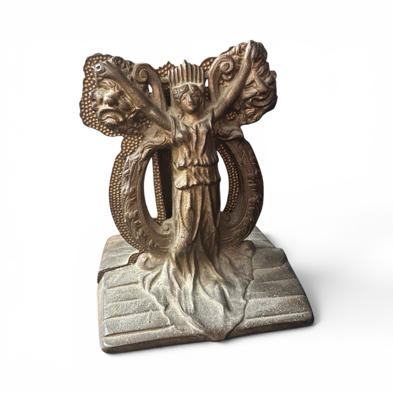 Antique Art Nouveau Cast Iron Muse Lyre Theater Mask Doorstops Pair No. 140
