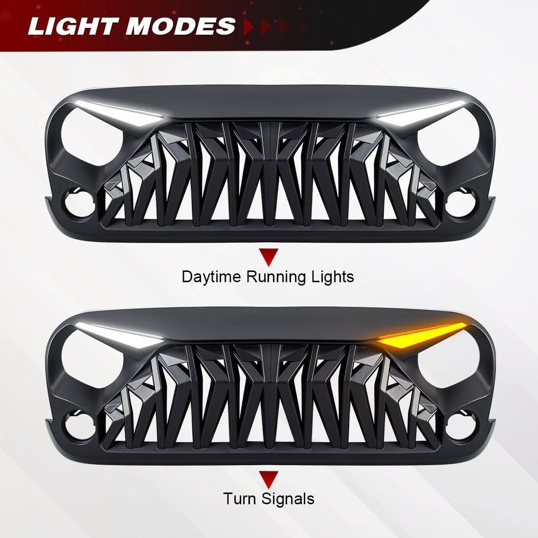 Front Grill Compatible with 2007-2018 Jeep Wrangler JK JKU, Shark Grille W/Drl T