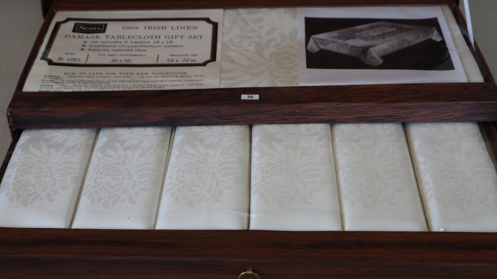 100% Irish Linen Damask Tablecloth 54″ x 70″ & 6 Napkins chrysanthemum NOS r