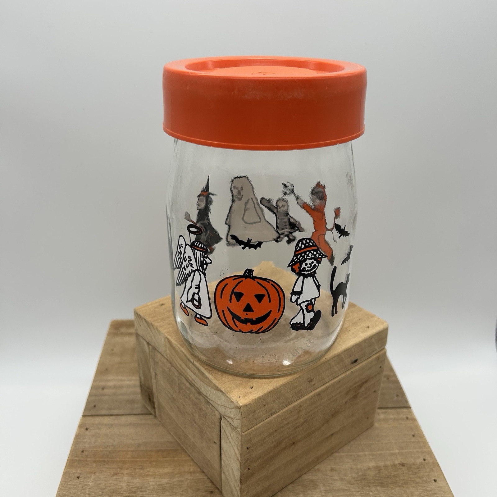 Vtg Carlton Glass Candy Jar Canister With Lid TrickOrTreat Happy Ghost Made USA