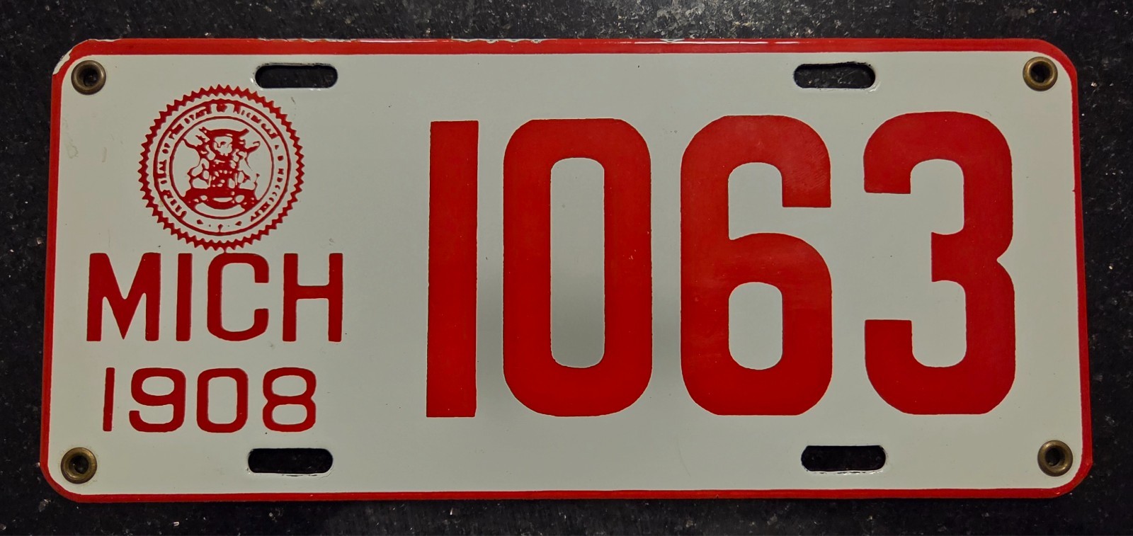 1908 Michigan MICH Porcelain License Plate Tag Prototype? Replica? Reproduction?