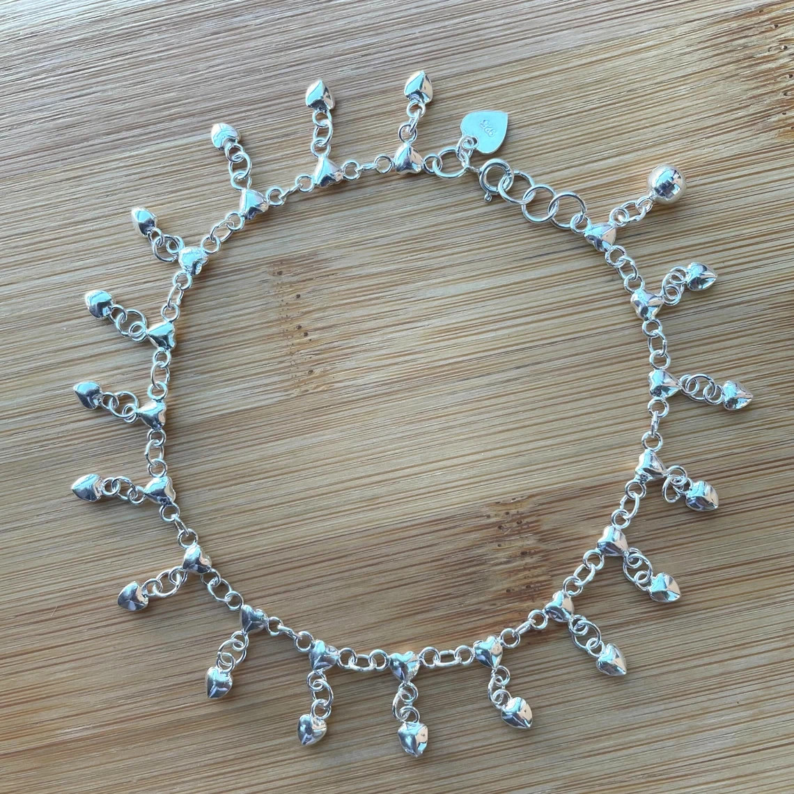 14K White Gold Over Heart Charms Boho Bell Anklet 10 Inches Summer Jewelry Women