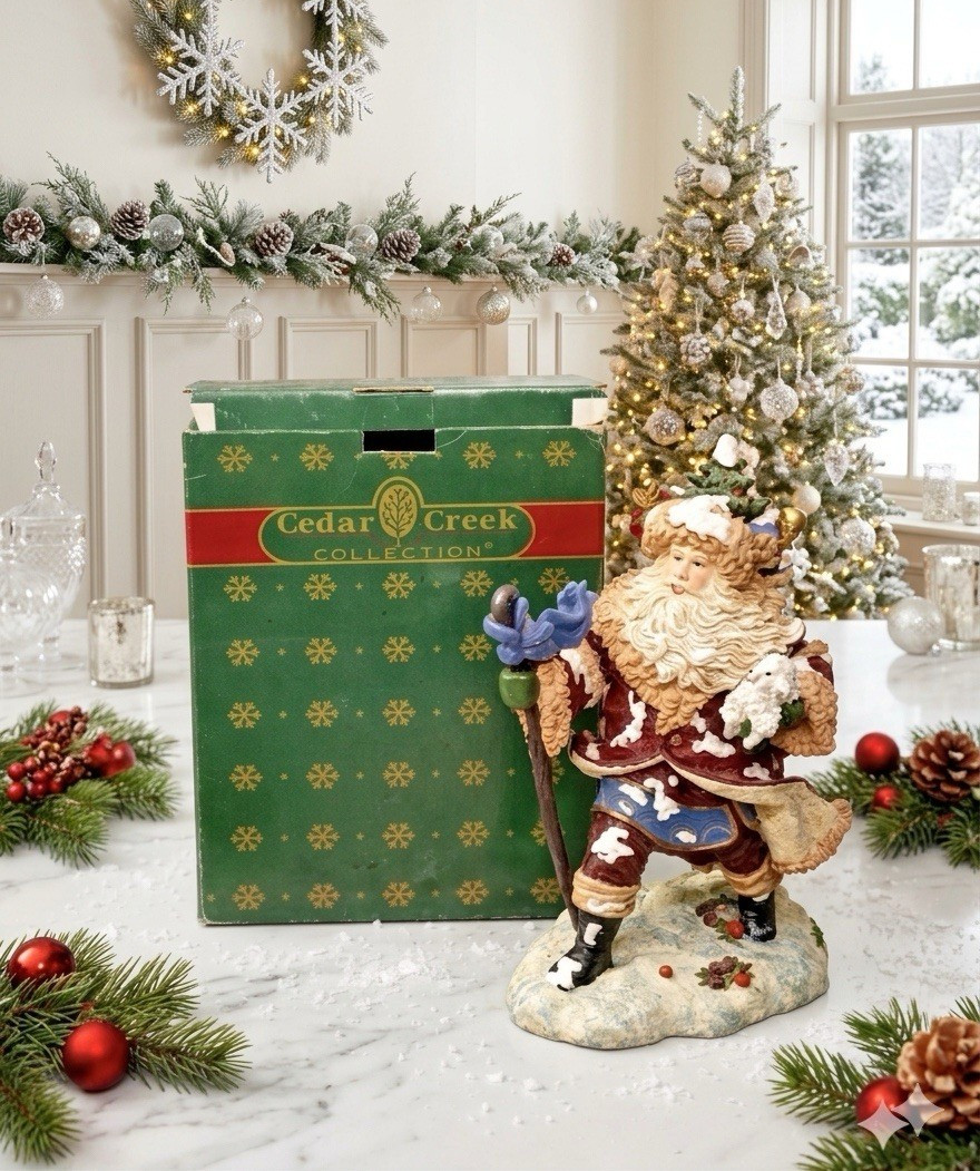 ‘KIRKLAND’s’ LARGE SANTA FIGURINE! CEDAR CREEK SANTA With Toy Bag, 11.5 in Tall