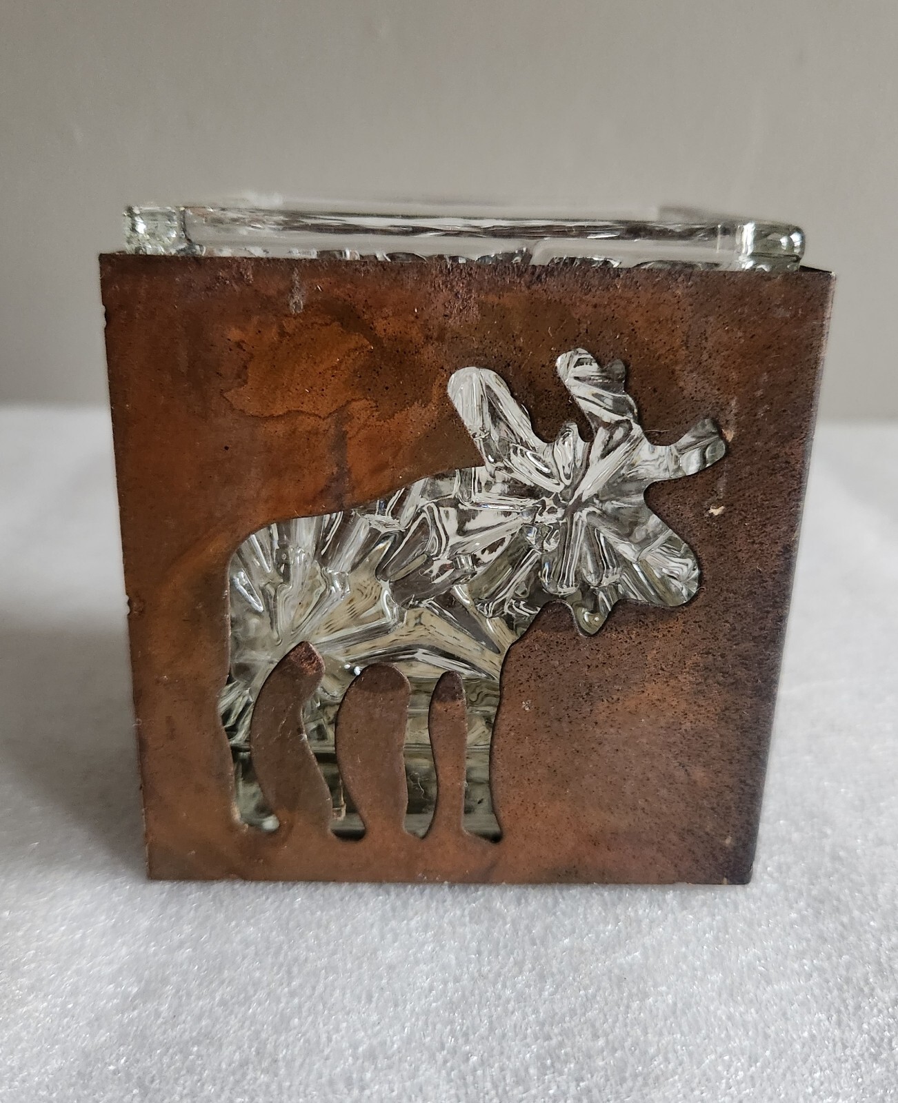 Cut Glass Candle Holder with Metal Cage with Moose Shaped Cut Outs