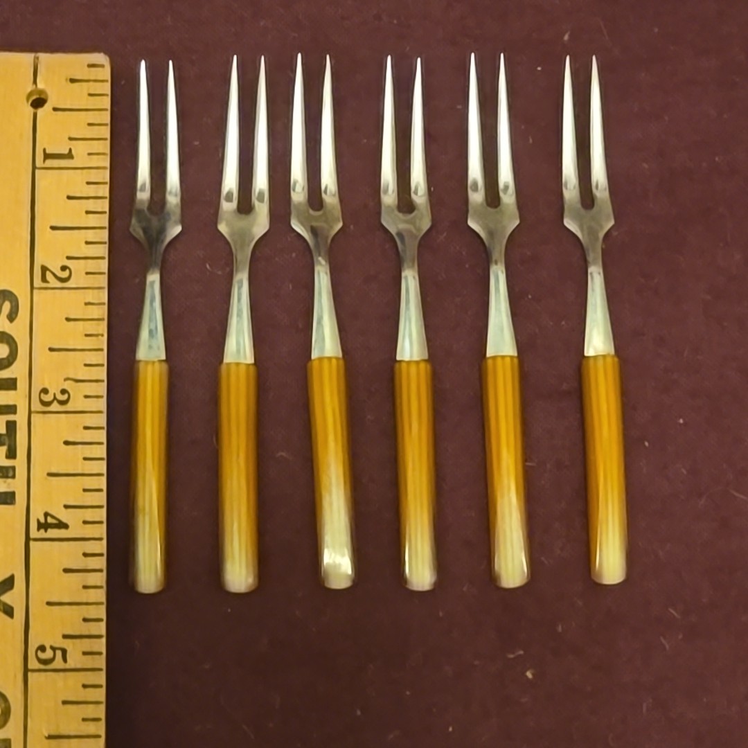 6 Vintage Bakelite Plastic Butterscotch Appetizer Cocktail Forks MCM Stainless