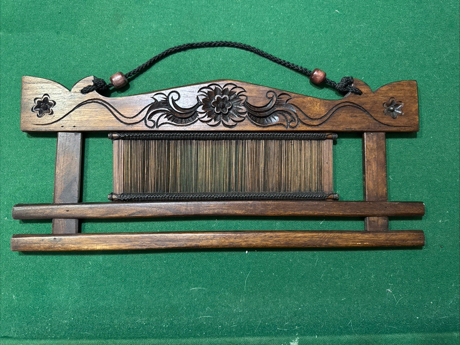 Antique Weaving Looms Reed Fabric Display Hand-Carved Flowers Wood Wall Hanging