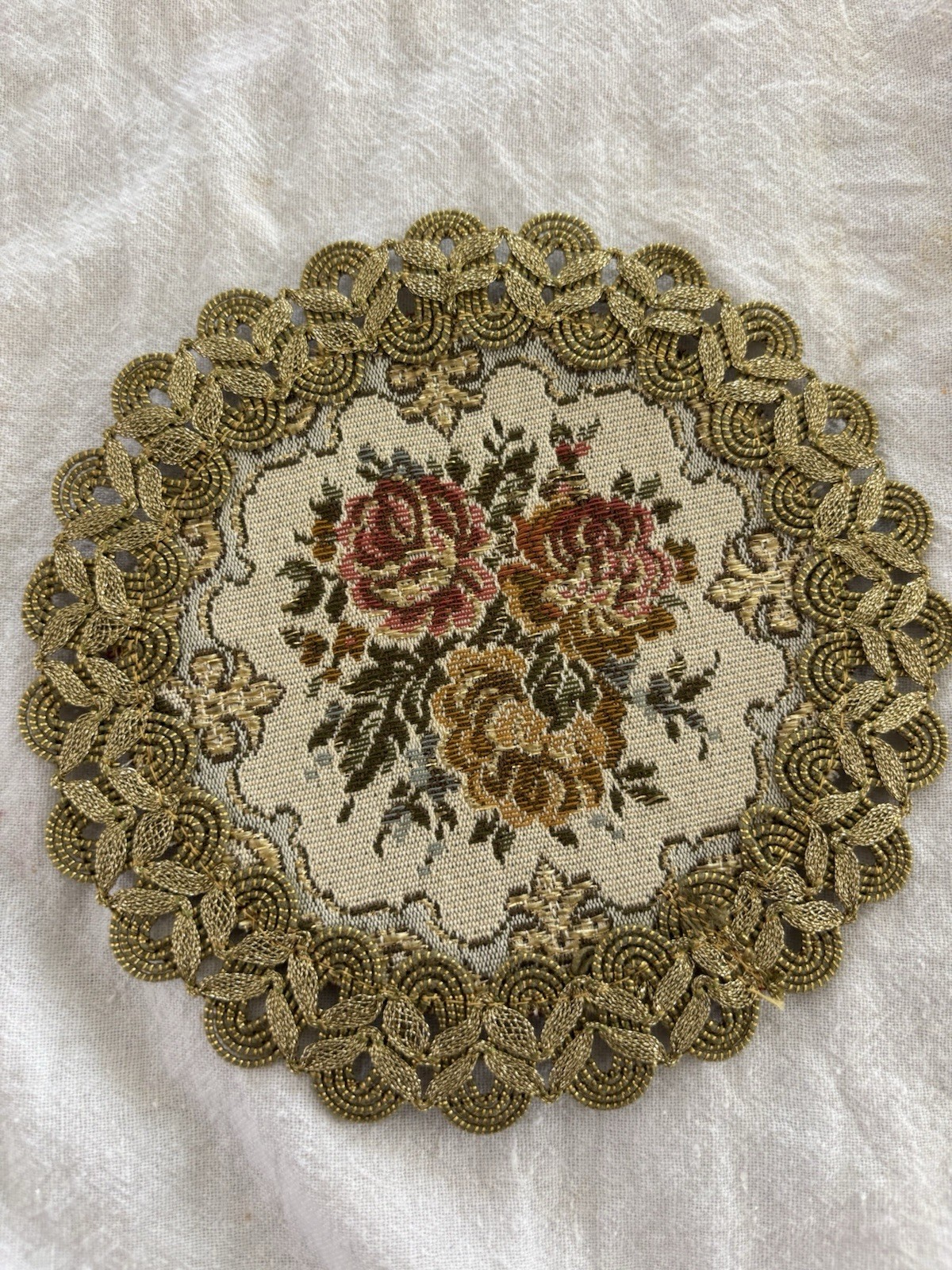 Set of 4 Round Floral Embroidered Doilies, Beige/Gold Multicolor Trim coasters