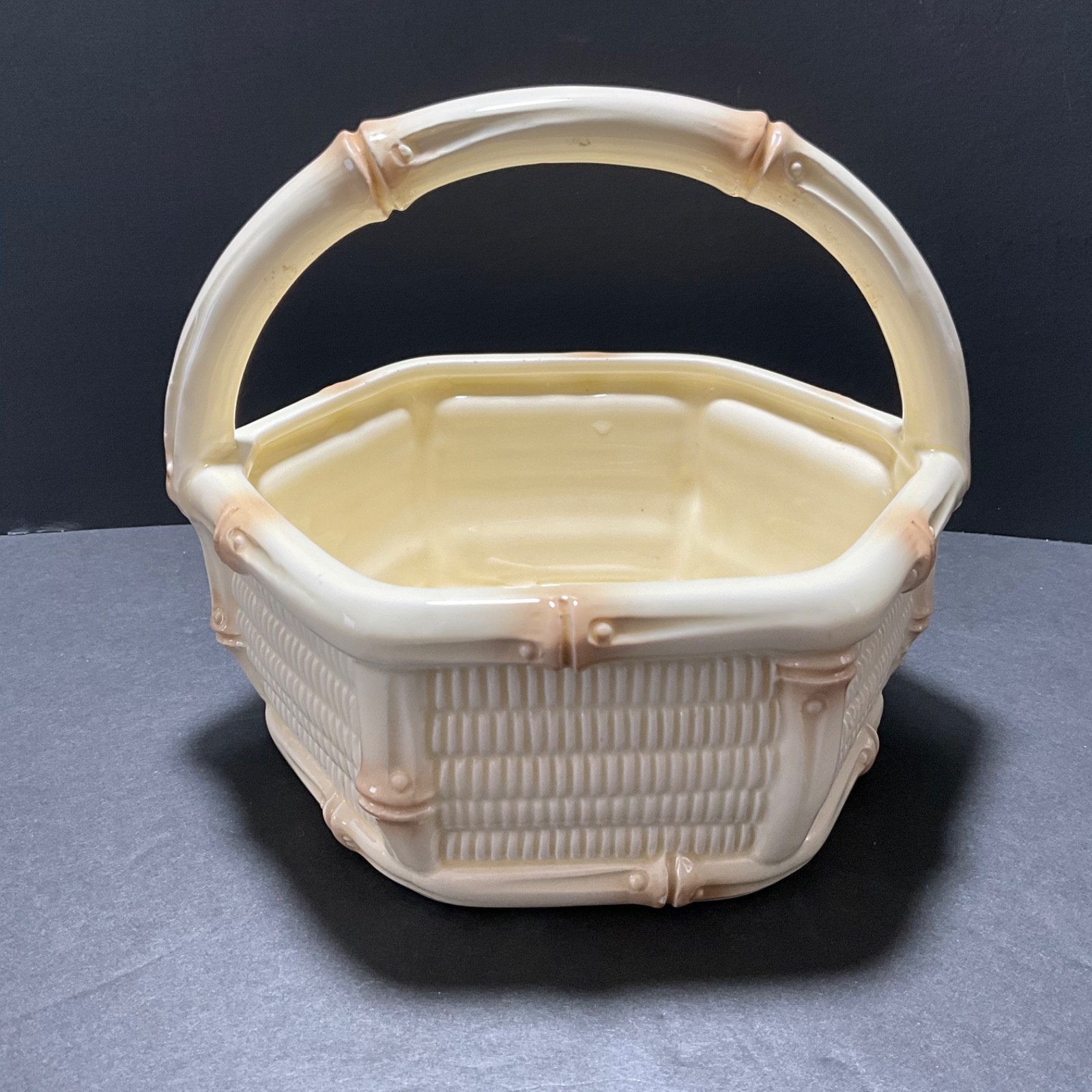 Vintage Fitz and Floyd Ceramic Bamboo Pattern Handled Basket Planter Centerpiece
