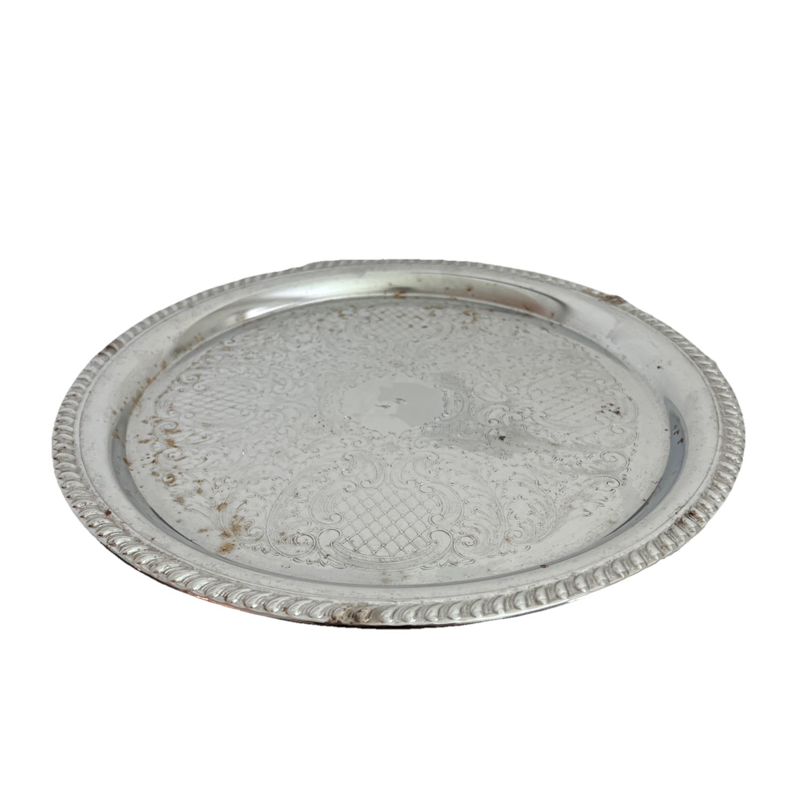 Vintage 14” Round Chrome Serving Tray Engraved Floral Scroll Pattern Rope Edge