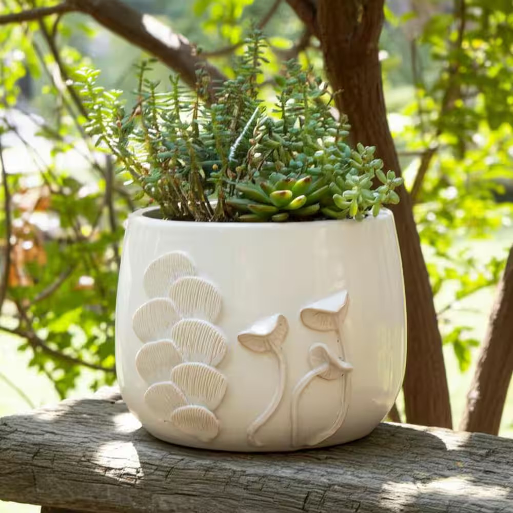 Ivory Ceramic Mushroom Gill Texture Planter (6 In. W X 6 In. H)