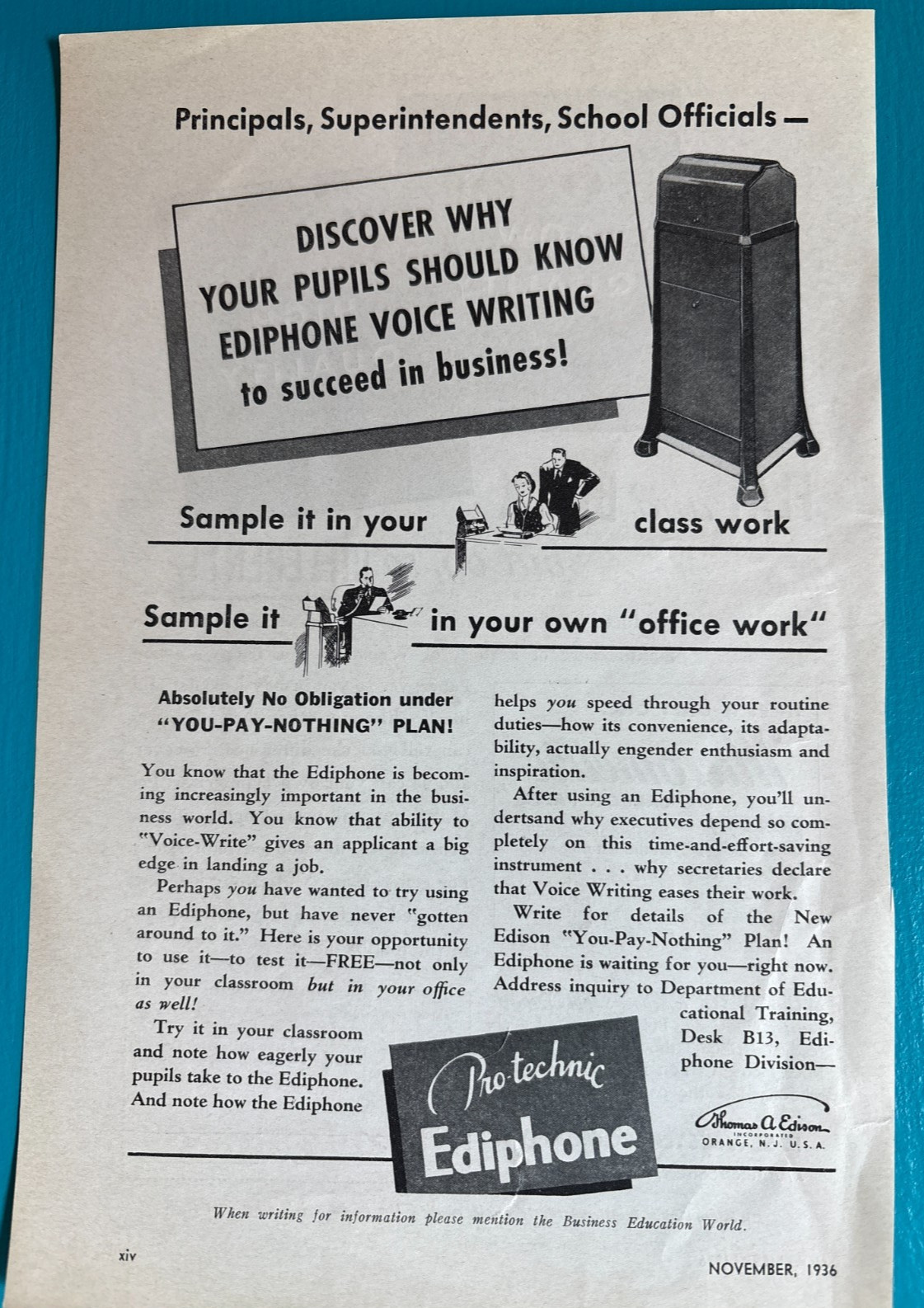 Vintage 1936 Thomas Edison Ediphone Print Ad – Art Deco Machine Age Office Decor