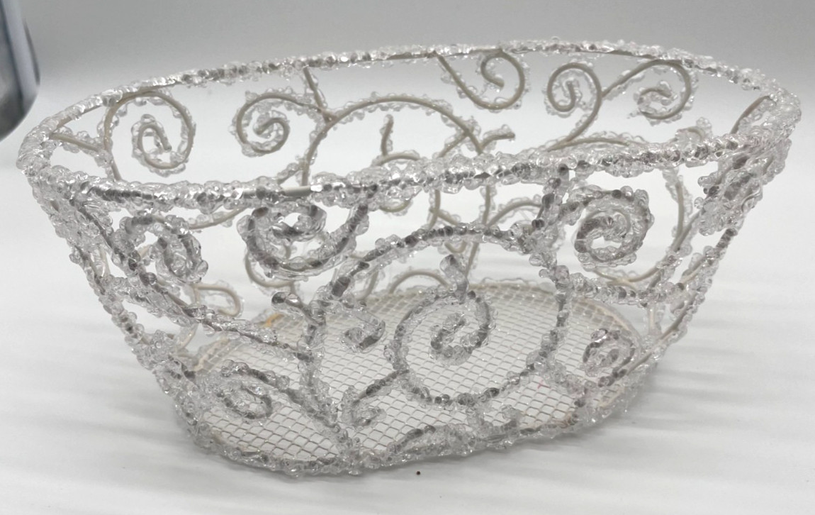 Charming Silvertone Metal Clear Beaded Basket White Clear Beads 11″ x 6″