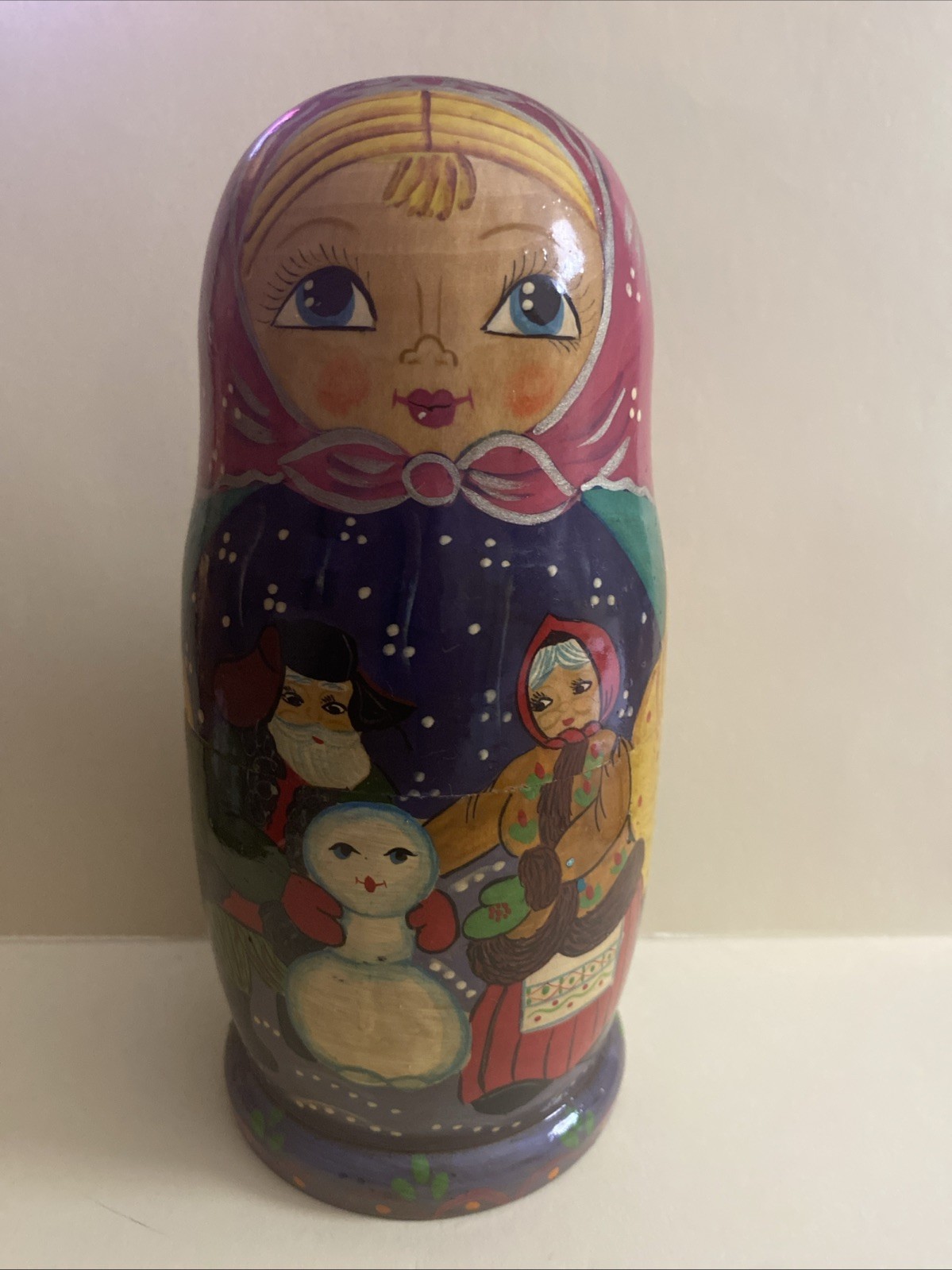 Vtg Morozovo Blue/Green Floral Russian Santa&Ms Claus Nesting Doll(5 Dolls)7.5”