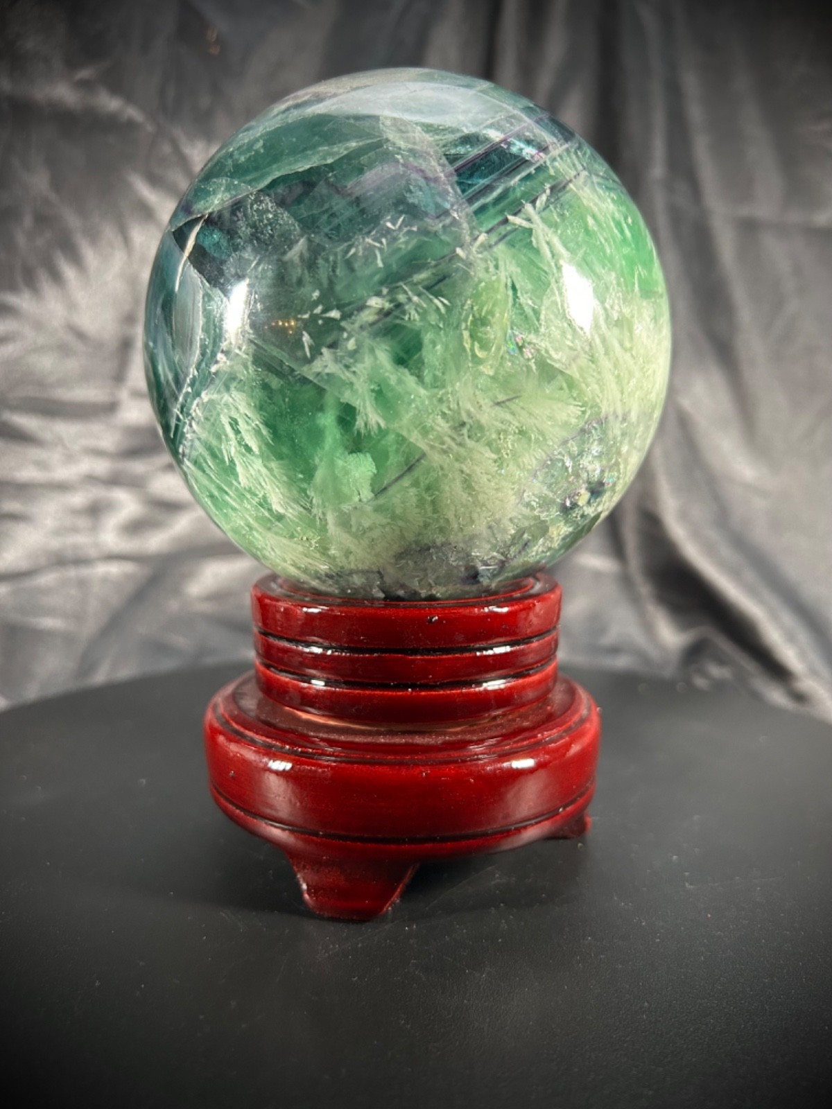 4.25″ Rainbow Feather Fluorite Sphere With Wood Stand 4lb 9.8oz(2.092 kg)
