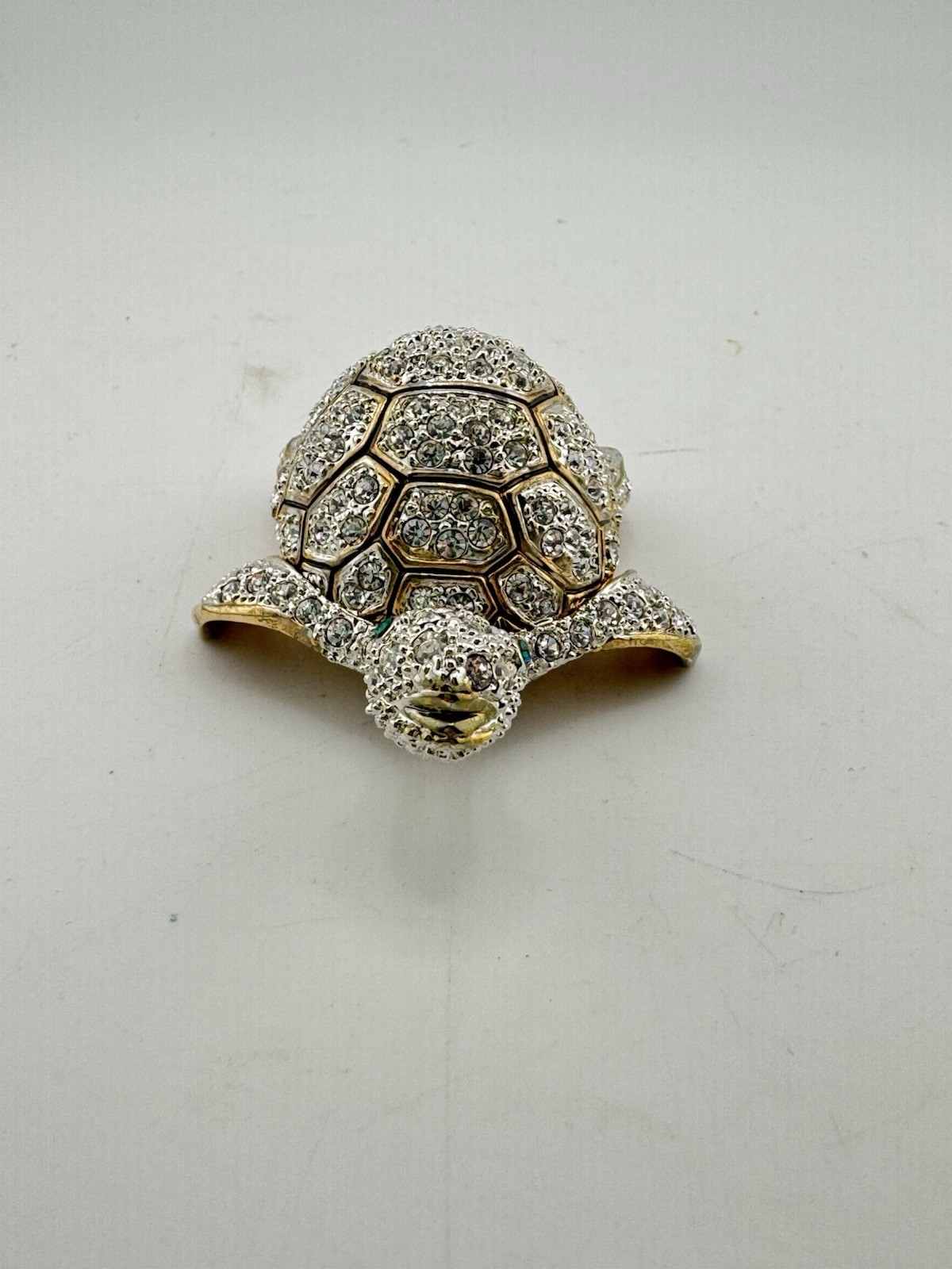 Bejeweled Crystal Turtle Hinged Trinket Box Gold Tone Rhinestone Pill