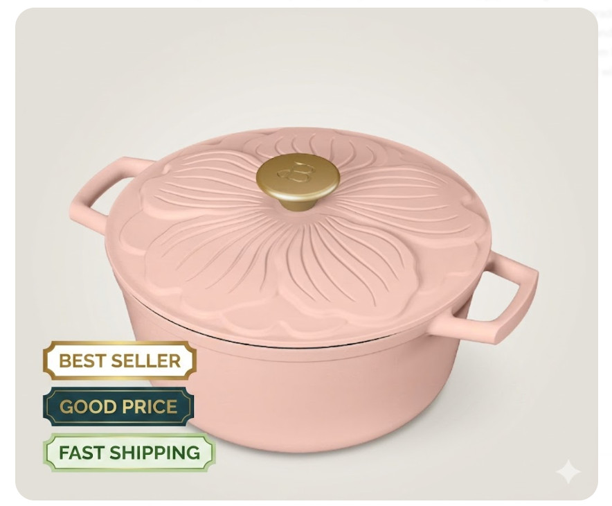 4Qt Enameled Cast Iron Dutch Oven Petal Lid Rose Drew Barrymore