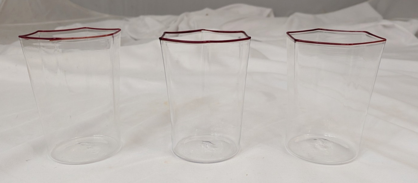 MURANO 4″ HEXAGONAL CARLO SCARPA DESIGN RED RIMMED GLASSES SET OF 3