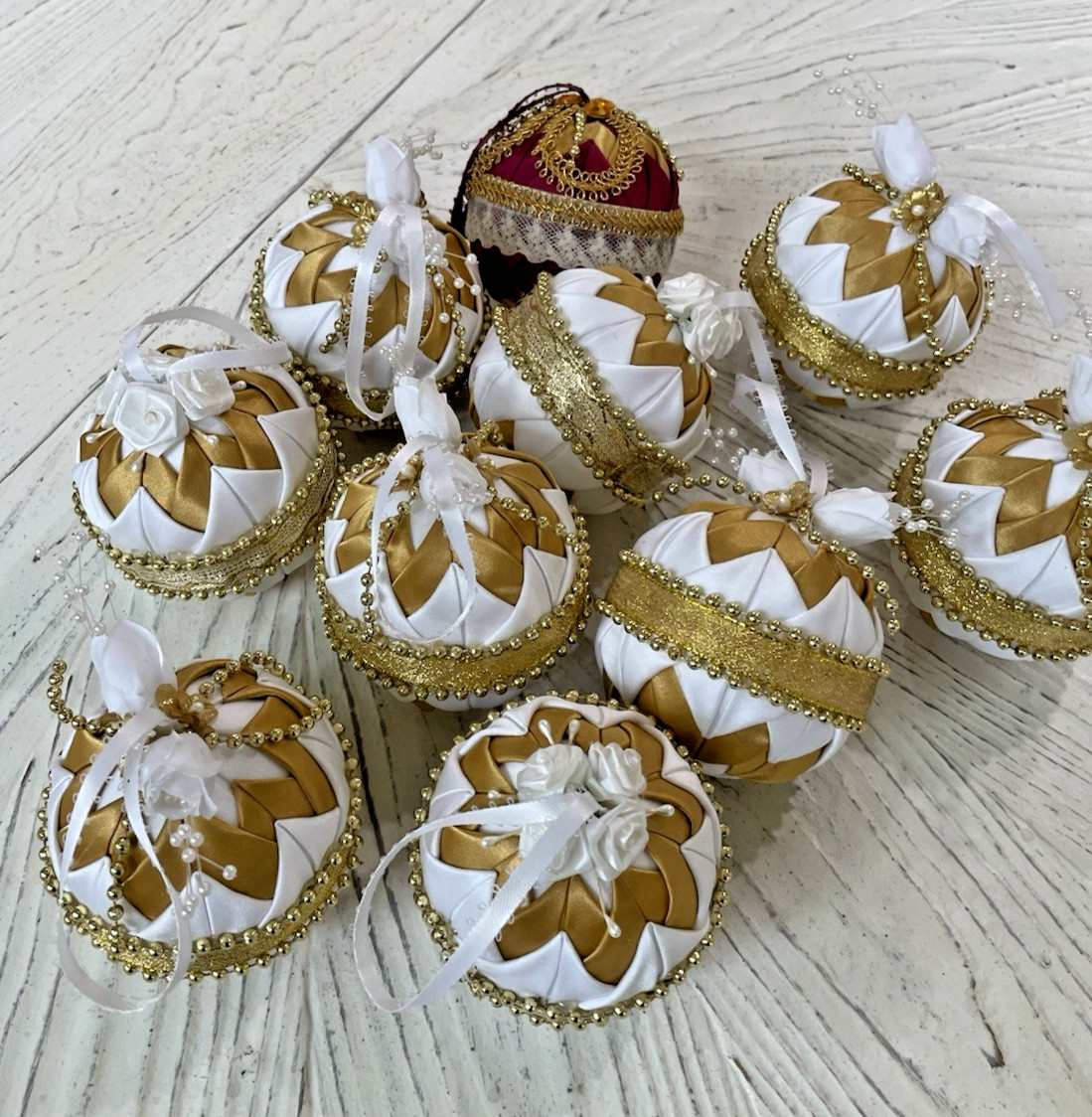 Vtg Handmade Folded Star Quilted Fabric Christmas Ornaments Gold White Lot of 10