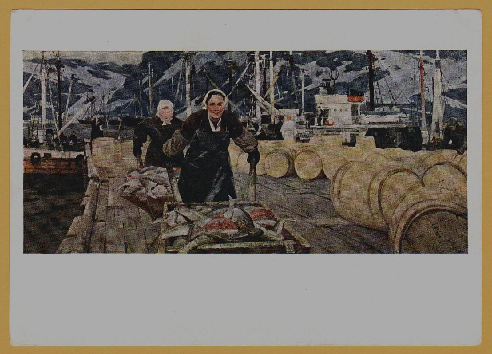 1962 Arctic Fishing Women Harbor Catch Soviet Realism Samorezov Postcard