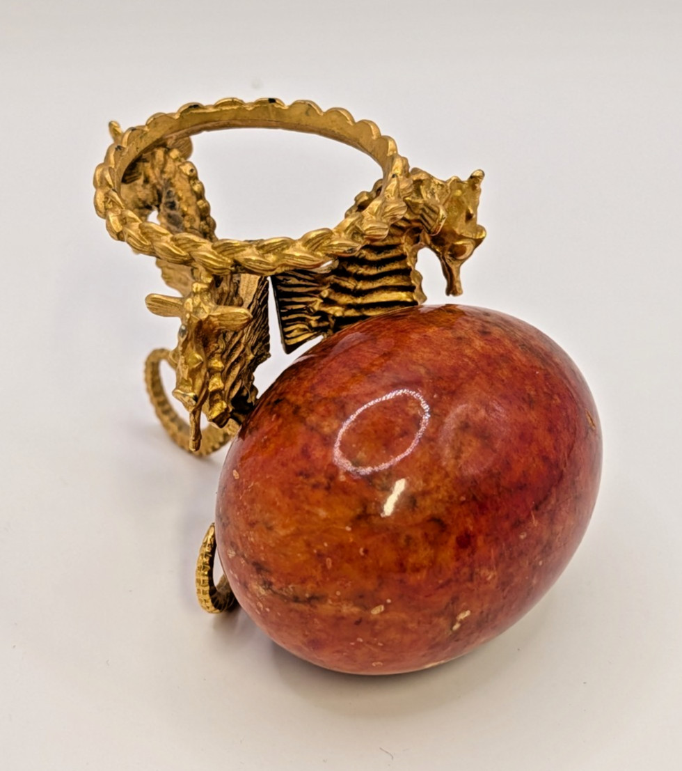 Decorative Red Gemstone Egg Polished with Gold Metal Seahorse Stand 4.5 in tall