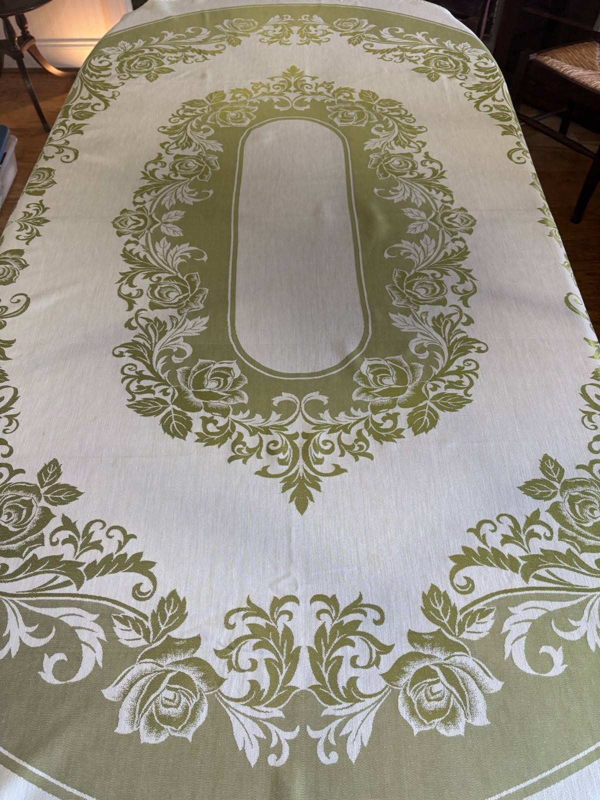 Vintage Olive Green White Oval Tablecloth 56″ X 80″ Damask Cottage Table Linen