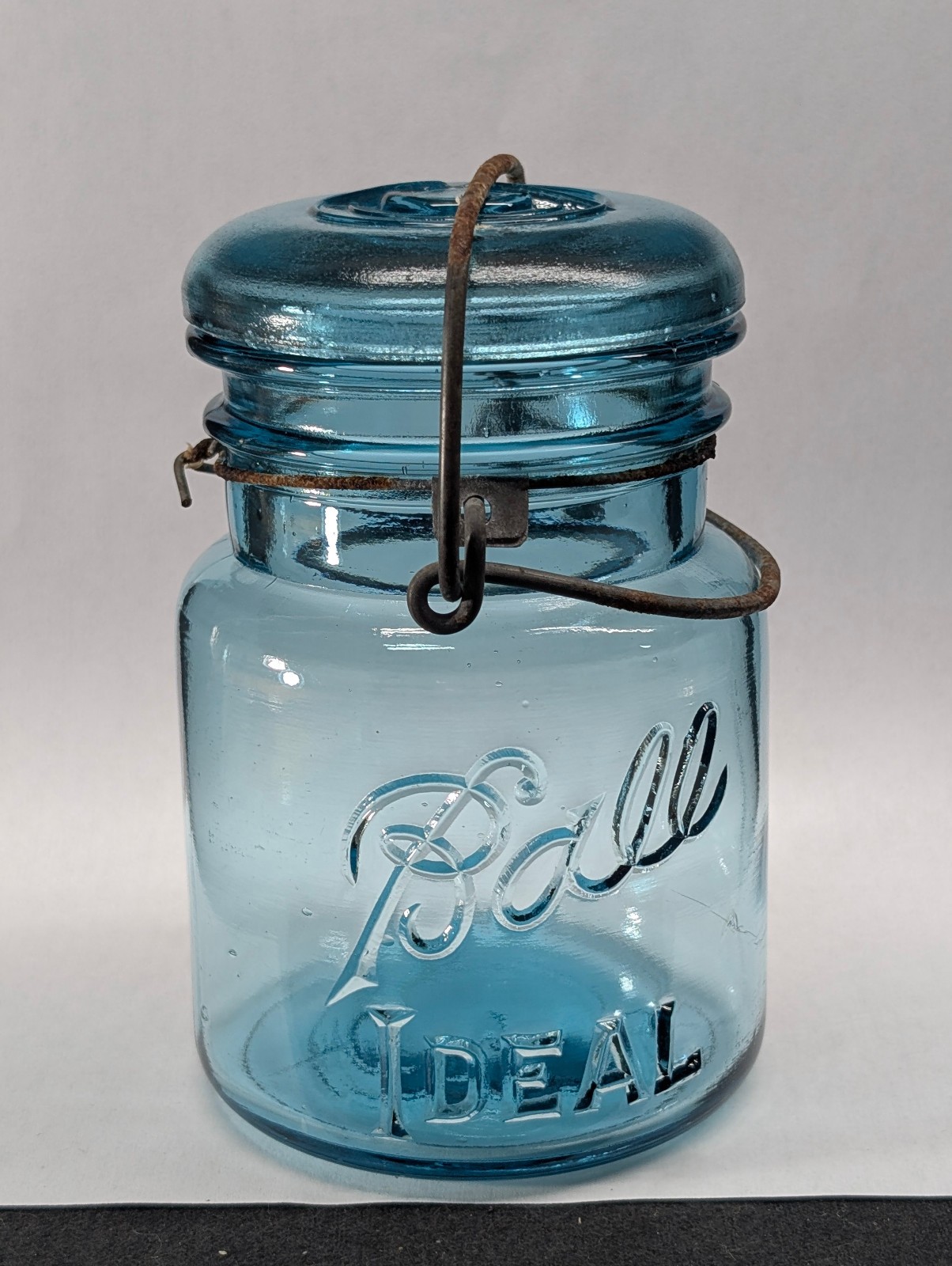 Vtg Ball Ideal Blue Pint Mason Jar Wire Bail Glass Lid #8 Aqua