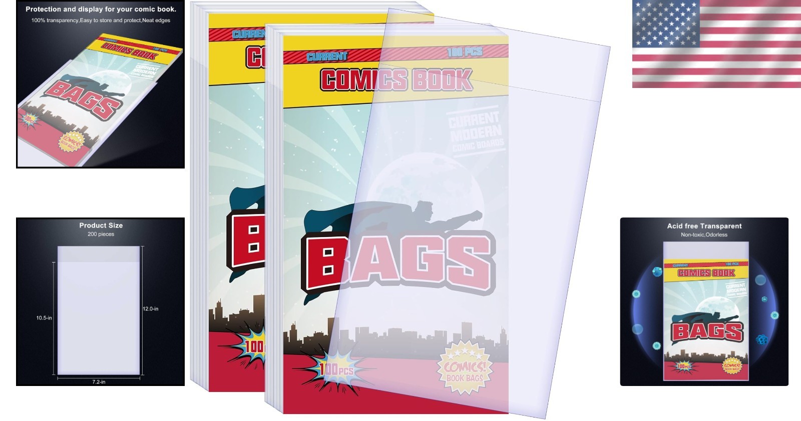 Durable 200 Count Comic Book Sleeves – Clear Mylar Protection 7.2×10.5