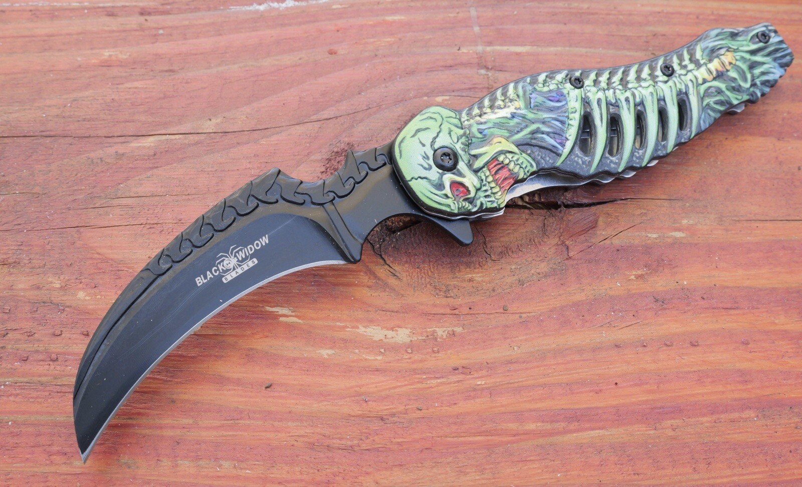 Skeleton Pocket Knife Spring Assisted Grim Reaper Design 8″ Green Folding Knife