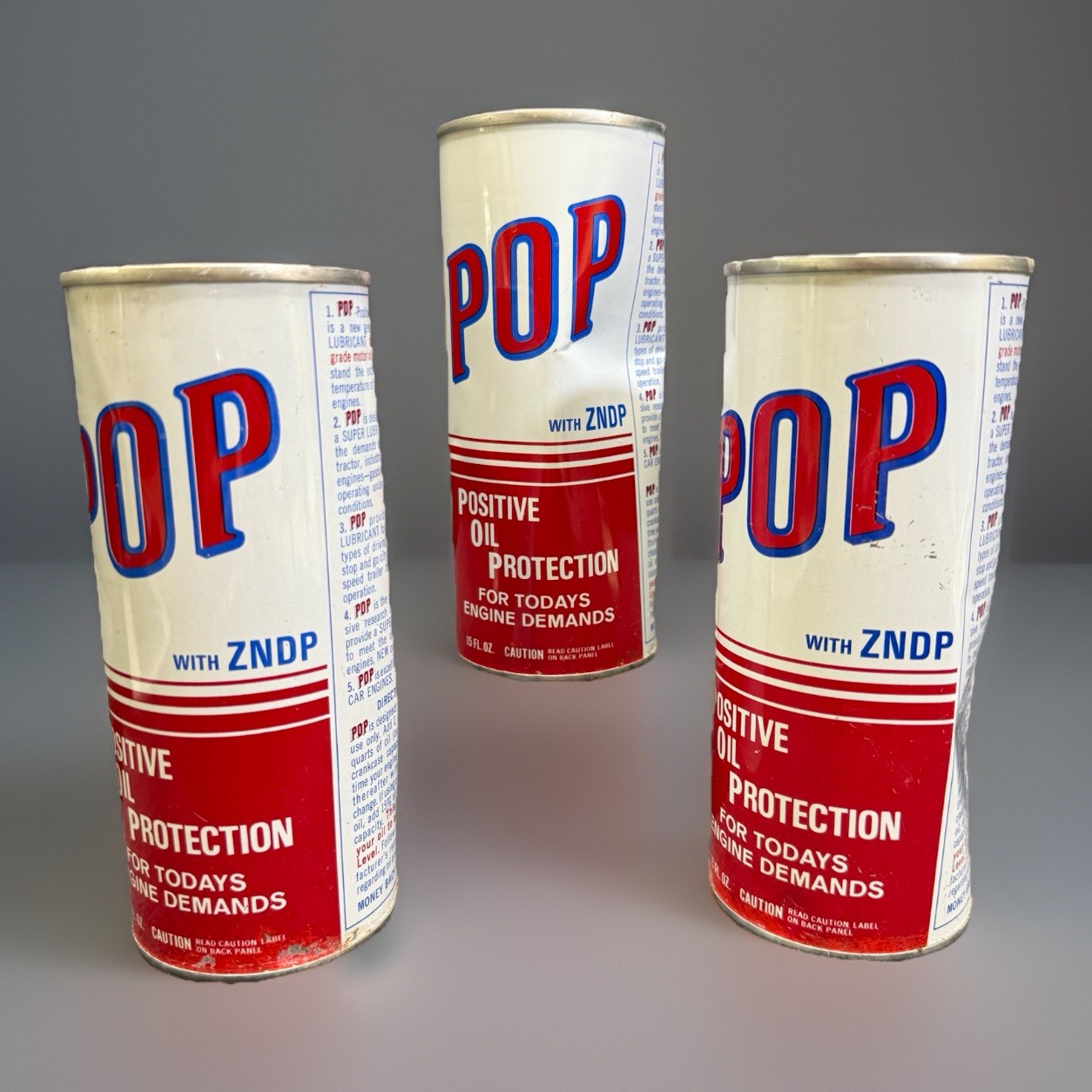 3 Vintage POP Positive Oil Protection 15oz Engine Additive Cans Sealed NOS Metal