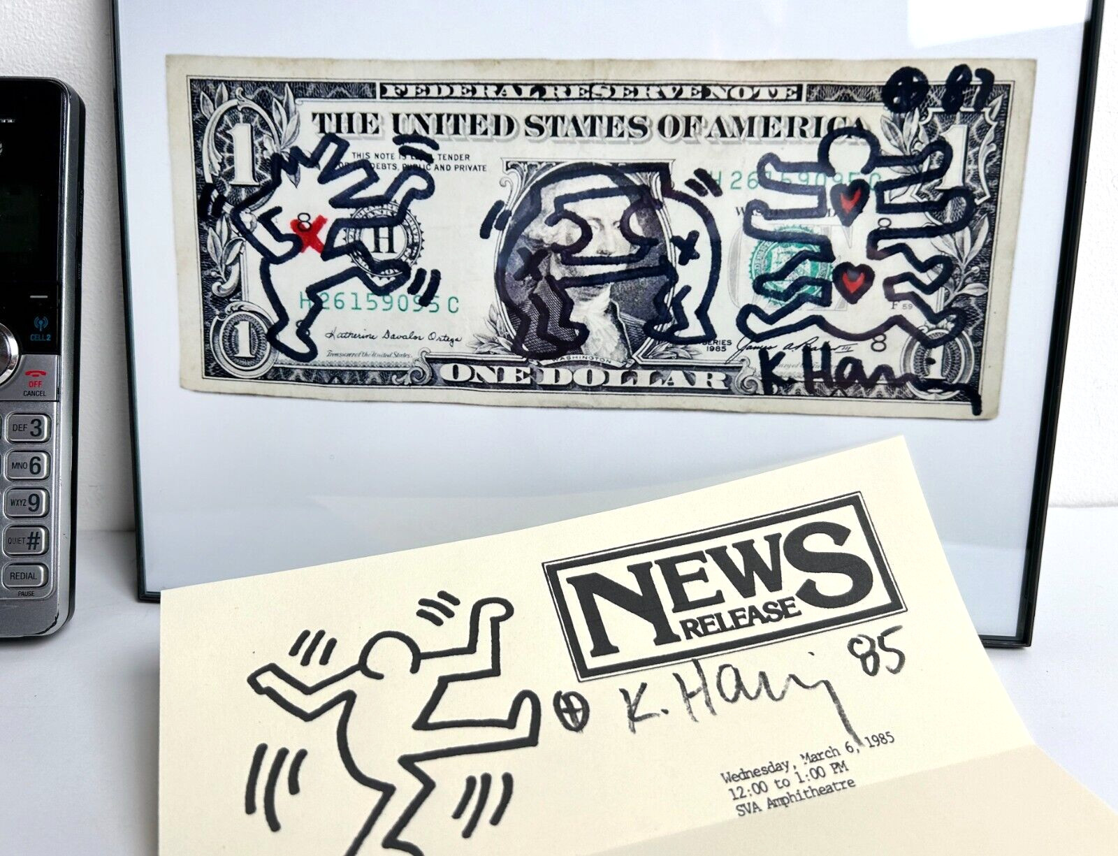 KEITH HARING – Signed Dollar Bill 1987 w/ Signed Flyer 1985 two Red Hearts