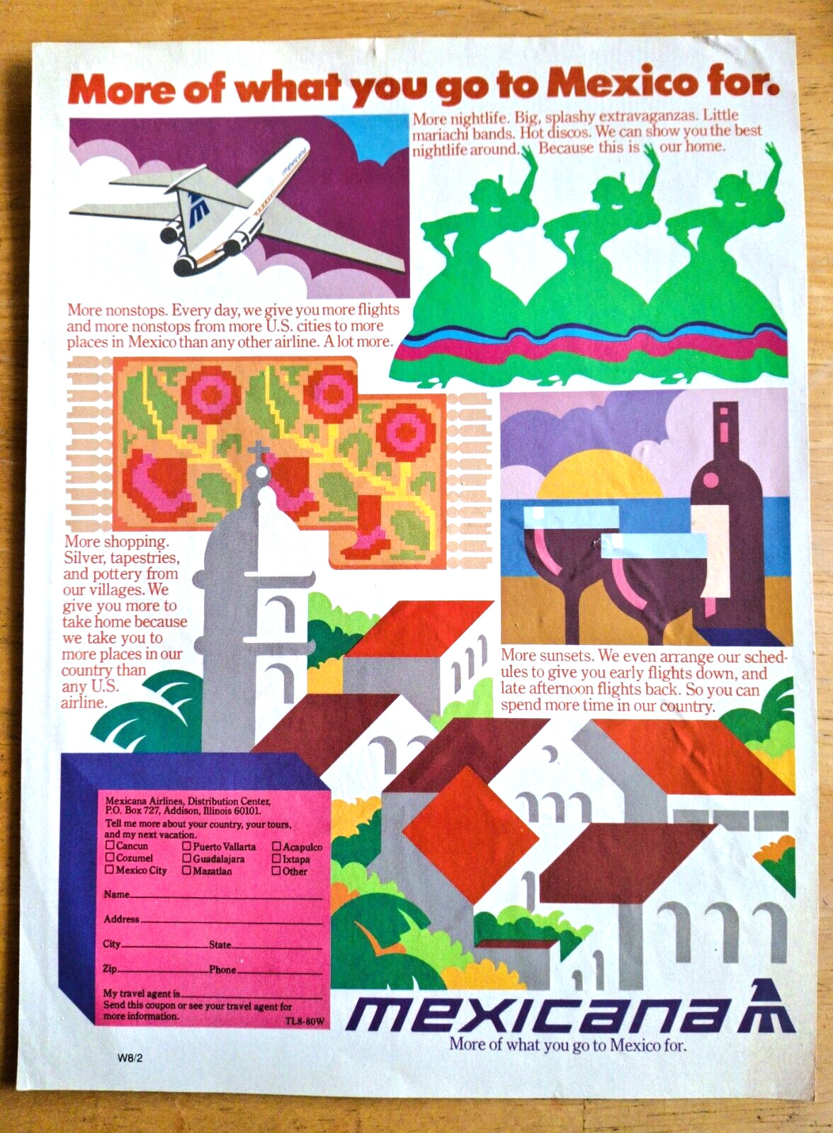 MEXICANA 1970’s Ad 727 to MEXICO More Nightlife More Sunsets 11in x 8 1/4in