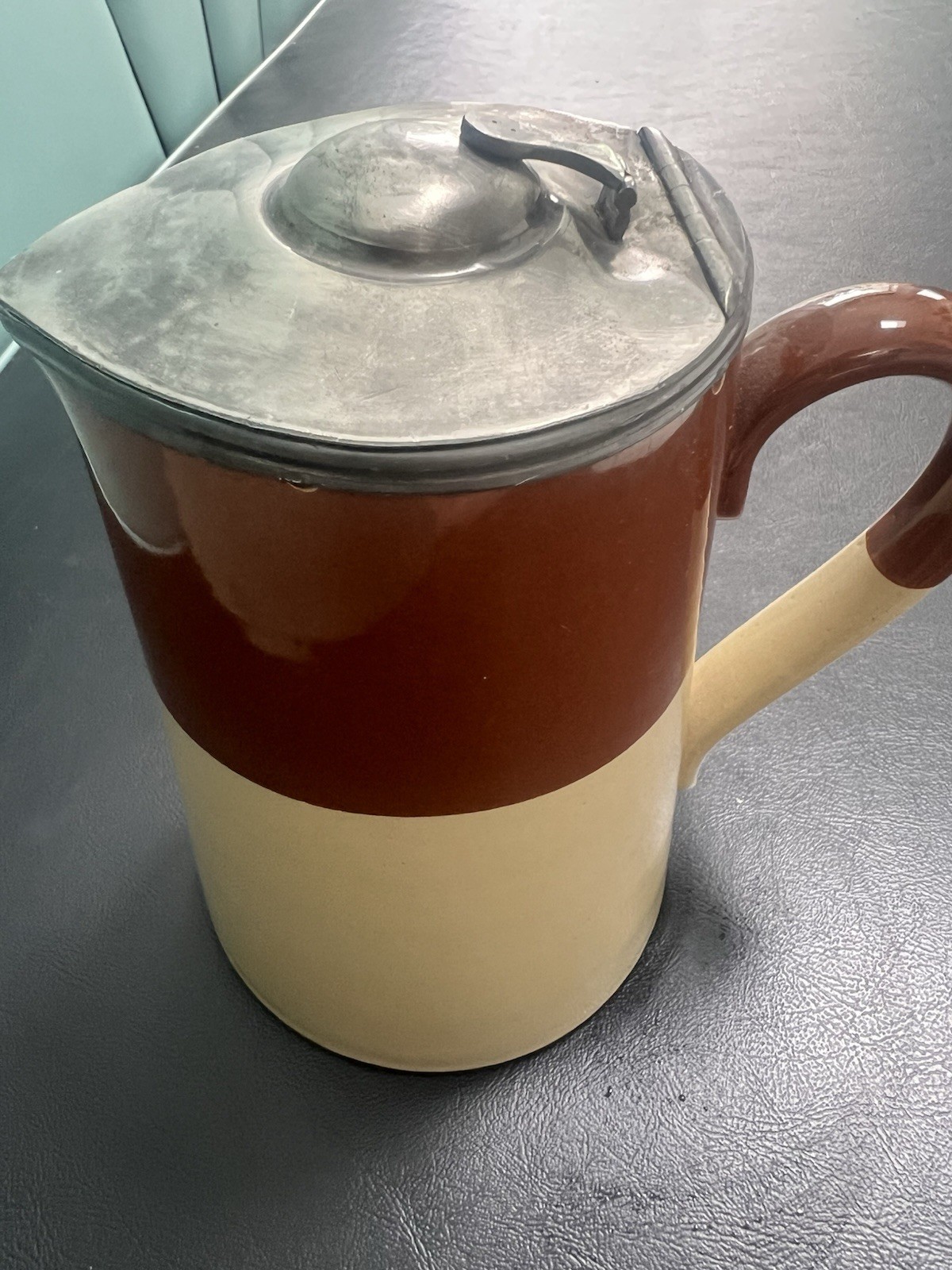 Antique German Stoneware Pitcher Jug Hinged Pewter Metal Lid Two Tone