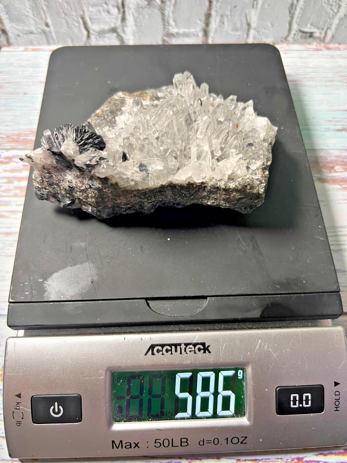 Specular Hematite with Quartz on Matrix – 584g – 2.1″ H x 4.1″ W