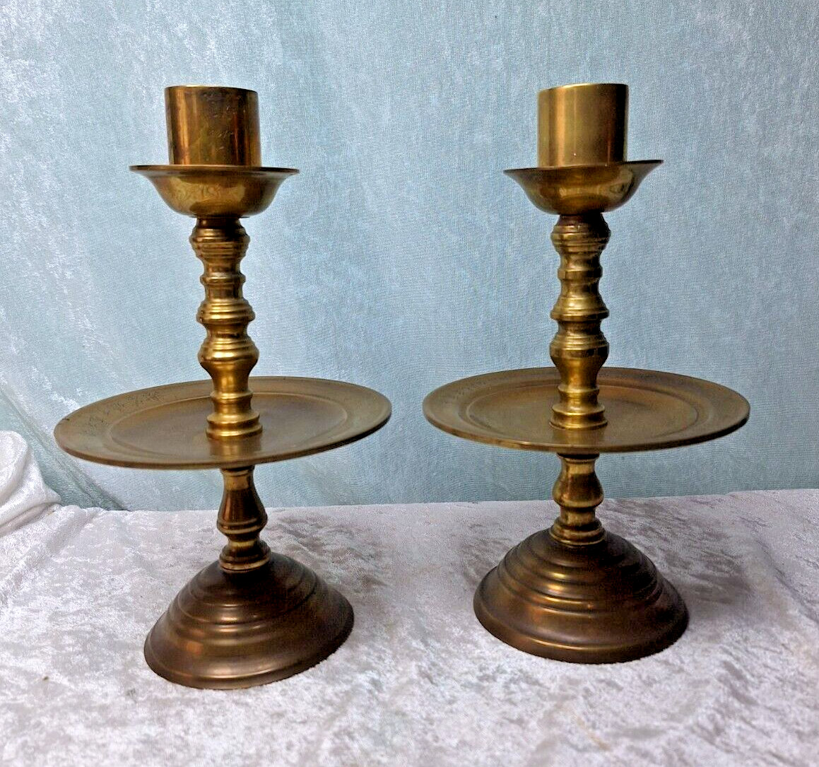 Pair Solid Brass Middle Eastern Candlesticks 11″ High x 6″ Wide 2.5 Pounds Each