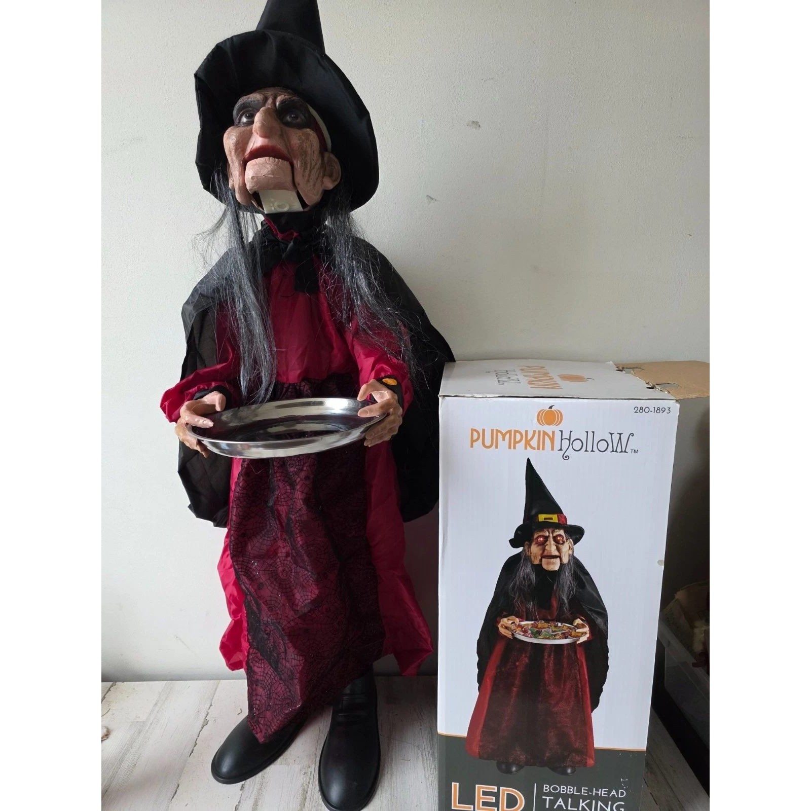 Pumpkin hollow 36 in bobblehead talking witch animated candy bowl holder large