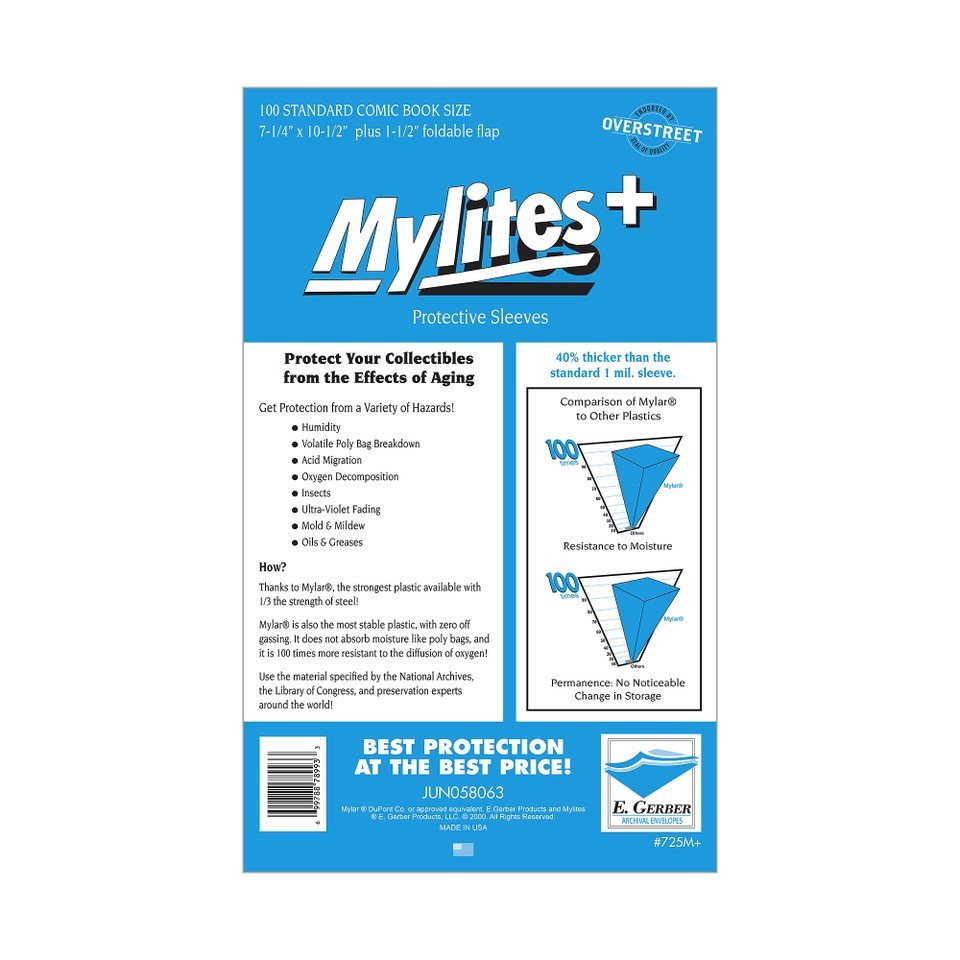 100 Mylar Comic Book Bags Mylites+ 1.42 Mil Standard Size 7.25 x 10.5 E. Gerber
